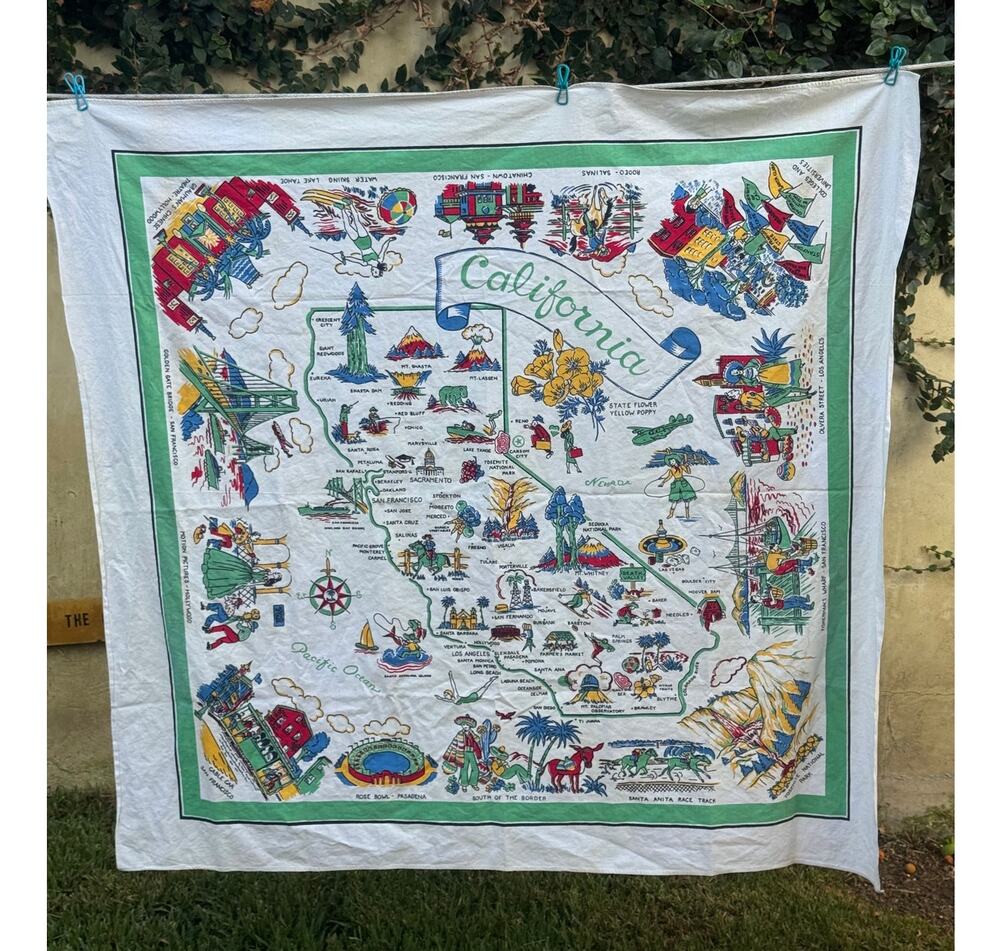 Vintage California Souvenir Map Tablecloth Mid Century Green Border Cotton 48x51
